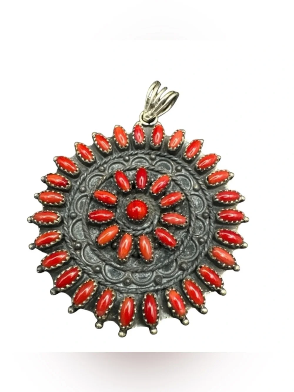 Vintage Zuni Sterling Silver Zuni Petit Point Blood Ox Coral Pendant 38.5 grams